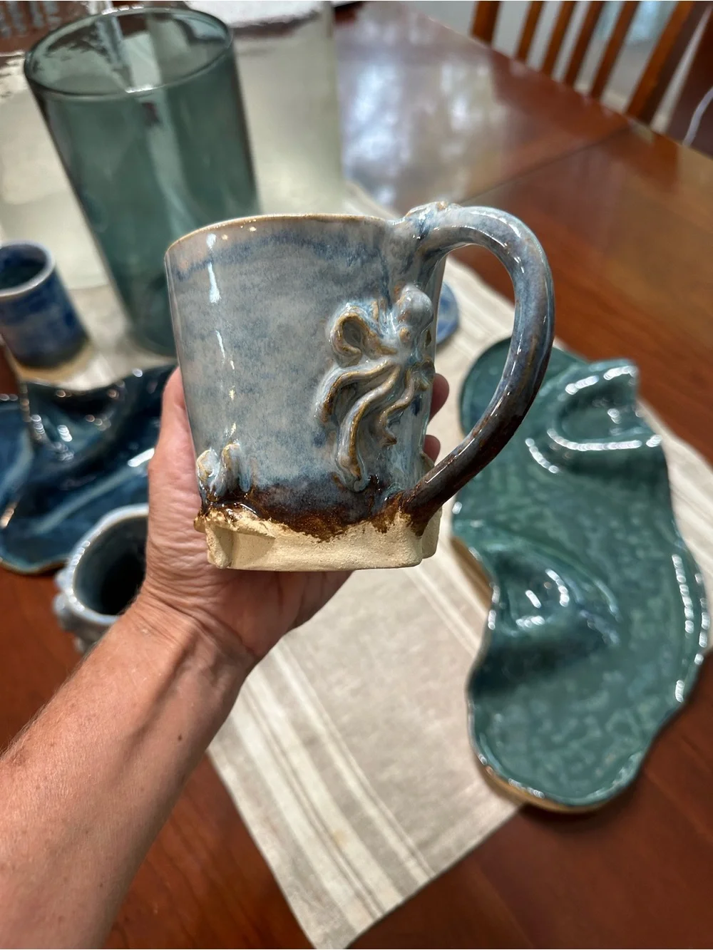 Handmade Sea Life Ceramic mug in Blue and Cream